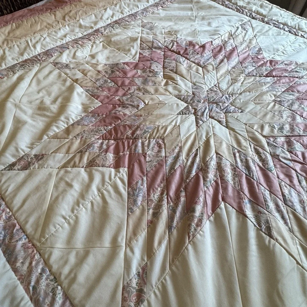 Handmade‎ Vintage Pink White Star Quilt Blanket Thick 110x96